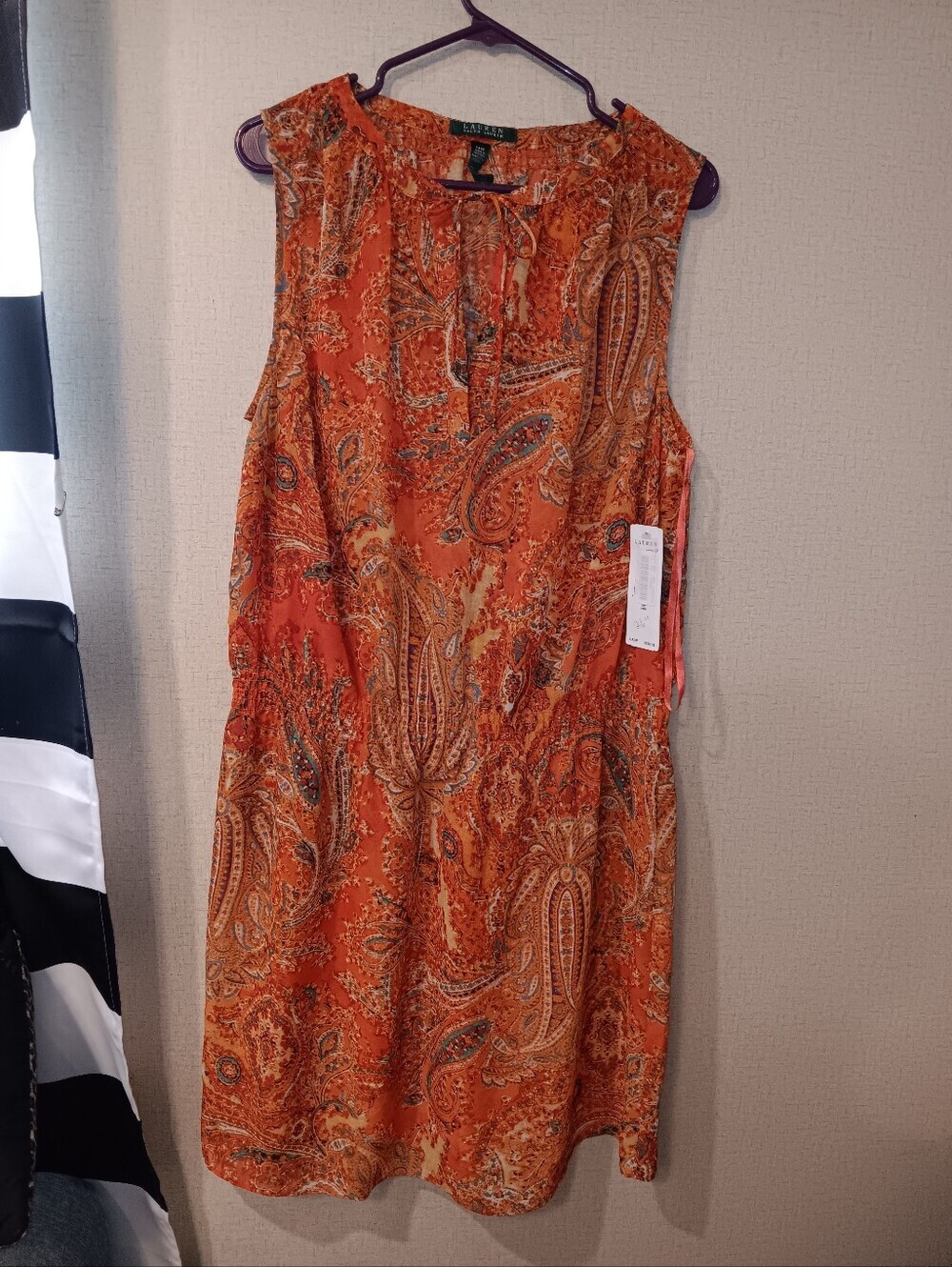 Lauren Ralph Lauren Paisley Dress 14w Orange Drawstring Split Neck Smocked Waist